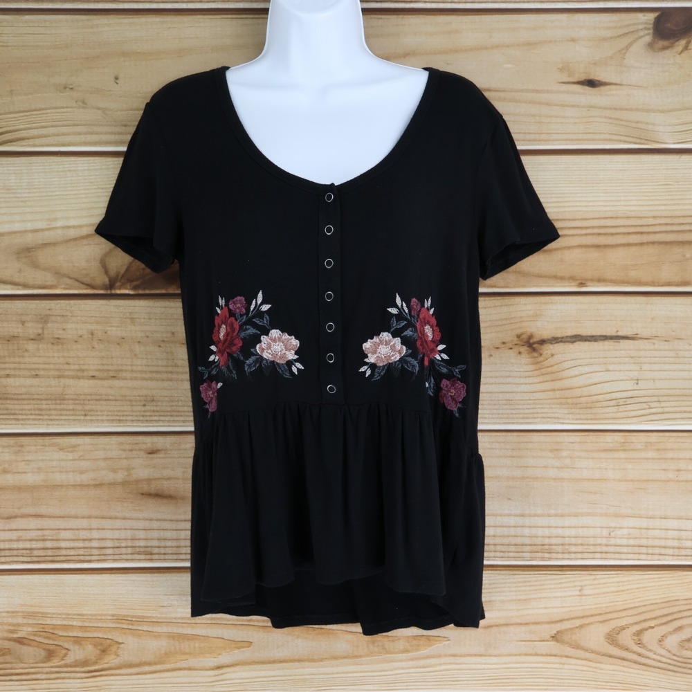 American Eagle Outfitters Blouse Womens S Black Embroidered Flowers Soft & Sexy